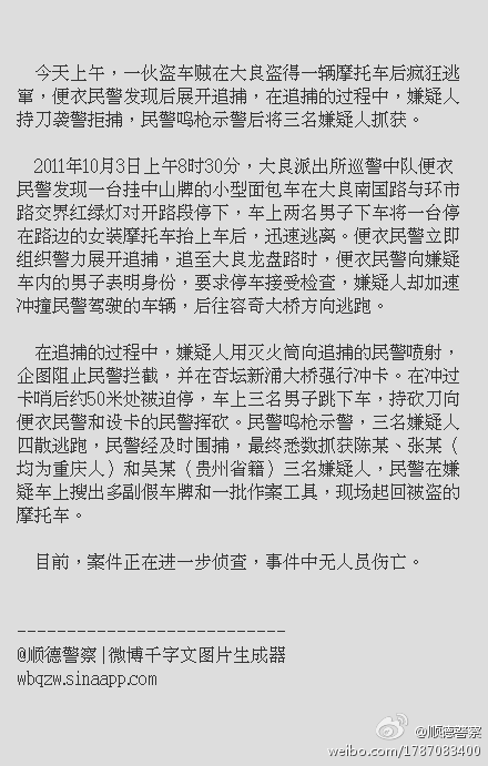 鸣枪示警，抓获三名持刀盗车贼